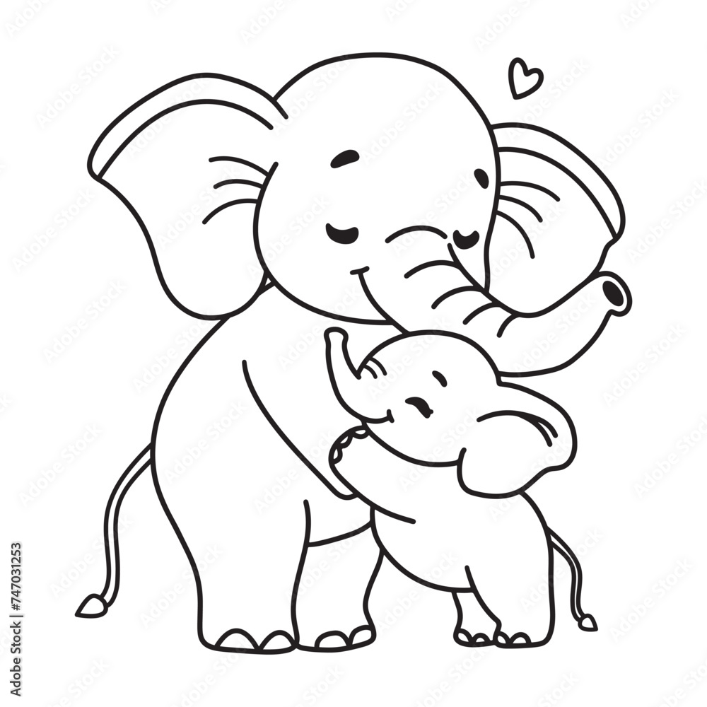 Line art of mother elephant hugging her kid cartoon vector Line art of mother elephant hugging her kid cartoon vector