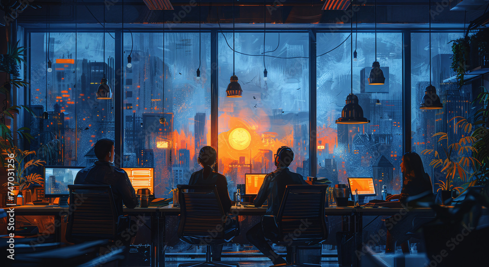 Silhouetted team working late in an office with a cityscape view at sunset, illuminated by warm light.