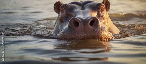 A hippopotamus, seeking relief from the African heat, swims gracefully in a river, showcasing its massive body and powerful movements. © AkuAku