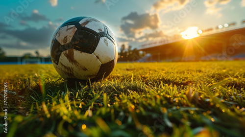 Ball Resting on the Field, Surrounded by Lush Green Grass and Bathed in the Warm Glow of the Setting Sun.