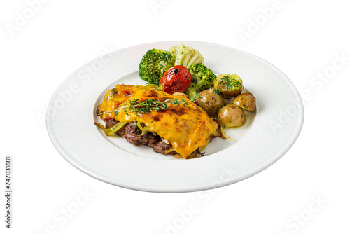 Cheddar cheese beefsteak with potatoes and broccoli on white background