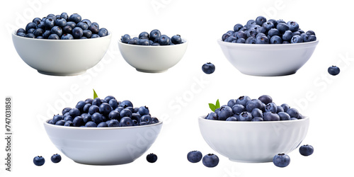 Collection of blueberry in white bowl isolated on a white background as transparent PNG