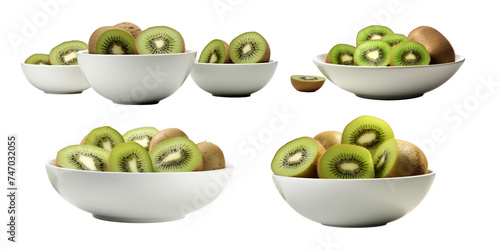 Collection of kiwi in white bowl isolated on a white background as transparent PNG