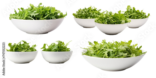 Collection of arugula in white bowl isolated on a white background as transparent PNG