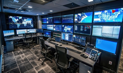 Modern Security Operations Center with Multiple Screens