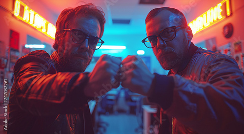 Two men in a neon-lit room giving a fist bump. photo