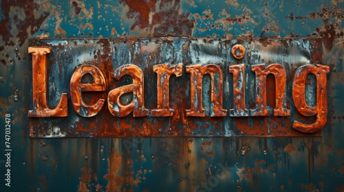 Copper Patina Education concept creative horizontal art poster. Photorealistic textured word Learning on artistic background. Ai Generated Knowledge and Tutoring Horizontal Illustration.