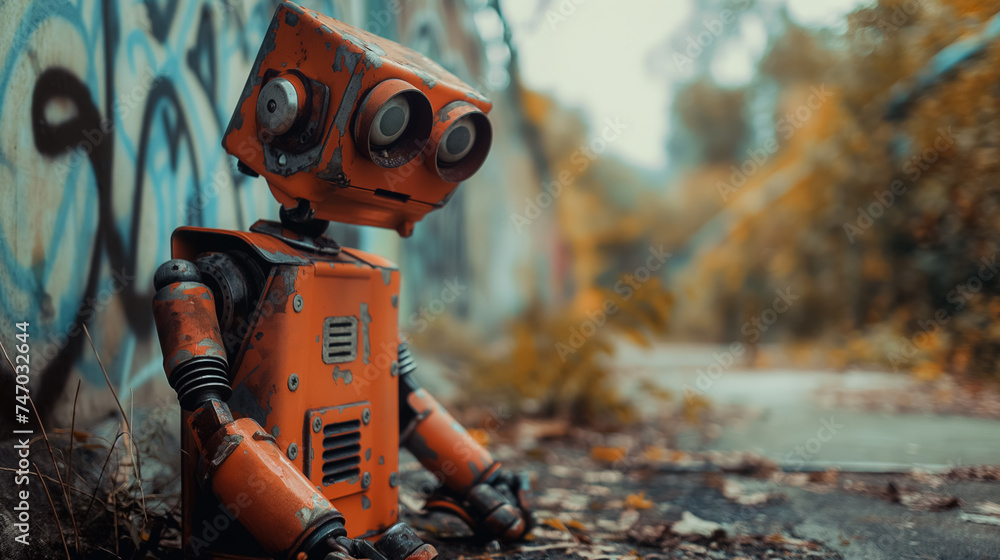 Retro robot sitting by graffiti wall. Retro robot sitting by graffiti wall.