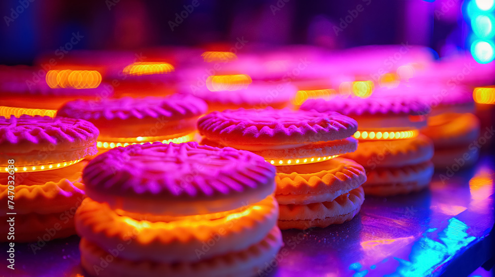 Cream cookies glowing in colorful neon illumination. Cream cookies glowing in colorful neon illumination.
