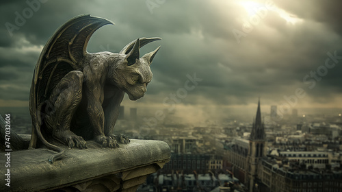 Gargoyle statue overlooking cityscape.