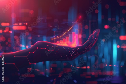 Cybernetic hand with holographic growth charts in a neon cityscape