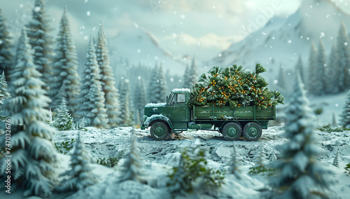 Vintage truck carrying Christmas trees through a snowy winter landscape with pine forest and mountains in the background.