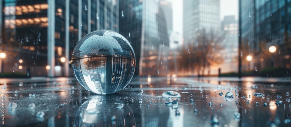 A glass ball sits on top of a wet floor, reflecting a modern office building in the city. Raindrops cover the surface, creating a shimmering effect. - obrazy, fototapety, plakaty 