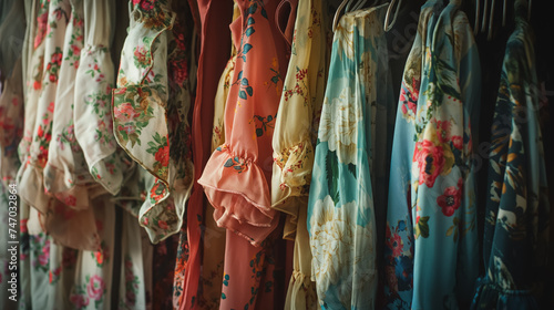 Assorted floral dresses hanging in a row.