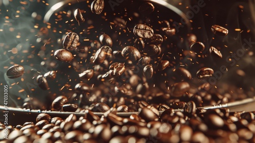 Freshly roasted coffee beans in motion, falling with sparks, capturing the essence of coffee roasting. photo