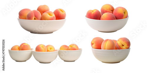 Collection of peach in white bowl isolated on a white background as transparent PNG