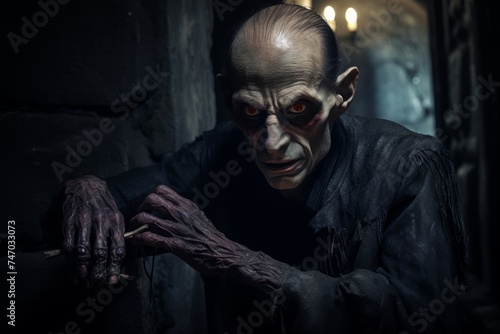 
A decrepit male vampire with skeletal fingers and sunken cheeks, of Spanish descent, skulking in the shadows of an abandoned monastery, his malevolent gaze piercing the darkness. Low key lighting hei photo
