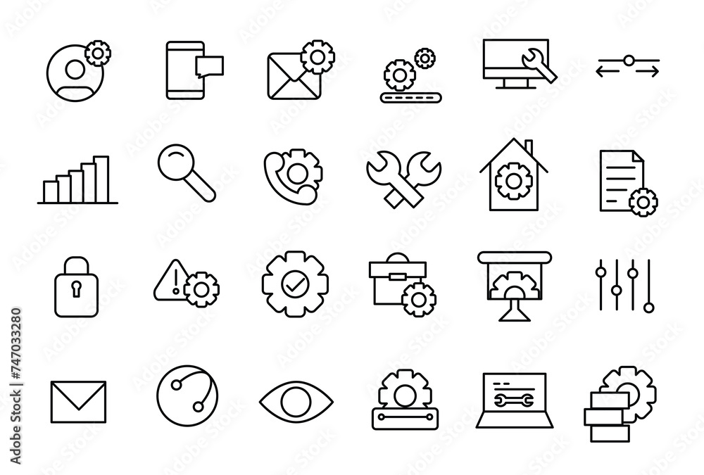 Setting and setup line icons collection. Operation, gear, processing, tools icons. Thin outline icons pack. UI icon set.