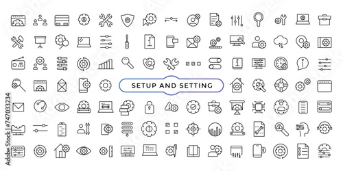 Setting and setup line icons collection. Operation, gear, processing, tools icons. Thin outline icons pack. UI icon set. photo