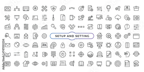 Setting and setup line icons collection. Operation, gear, processing, tools icons. Thin outline icons pack. UI icon set.