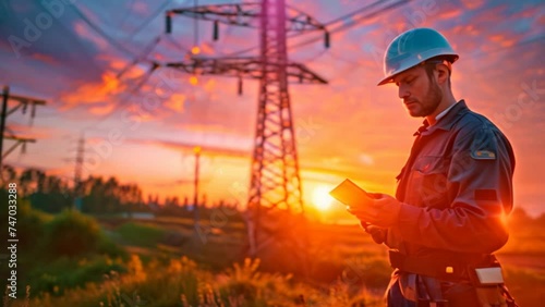 An electrical engineer in helmet working at sunset near the tower with electricity photo