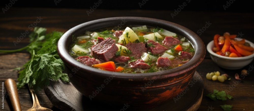 A delicious bowl of Norwegian soup featuring tender pieces of salted beef, alongside vibrant carrots and celery. The rich broth is seasoned with a blend of traditional spices, creating a comforting A delicious bowl of Norwegian soup featuring tender pieces of salted beef, alongside vibrant carrots and celery. The rich broth is seasoned with a blend of traditional spices, creating a comforting