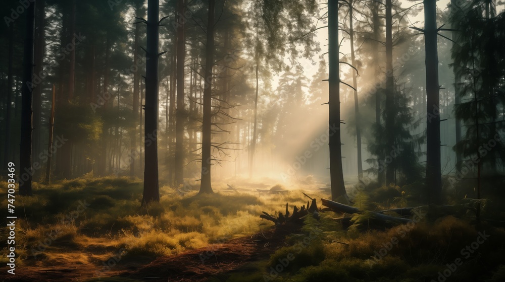 Obraz premium Mystical Morning in the Forest Sunlight Filtering Through Mist and Trees