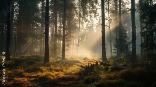 Mystical Morning in the Forest Sunlight Filtering Through Mist and Trees © Sol Revolver Group