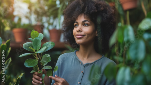 Woman with plant in a greenhouse setting.