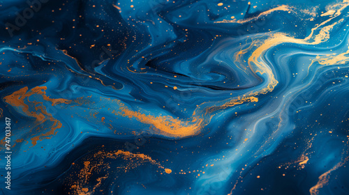  Beautiful fluid color background with blue and gold color Ink painted waves with glitter. generative ai 