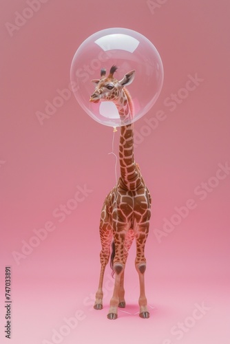 Surreal image of a giraffe with its head inside a transparent bubble against a pink background, creating a whimsical and imaginative scene photo