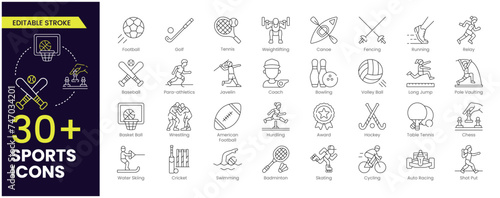 Sport Editable Stroke icons. Icons of active lifestyle, hobbies, sports equipment, and clothing. Set of Sport signs and symbols.