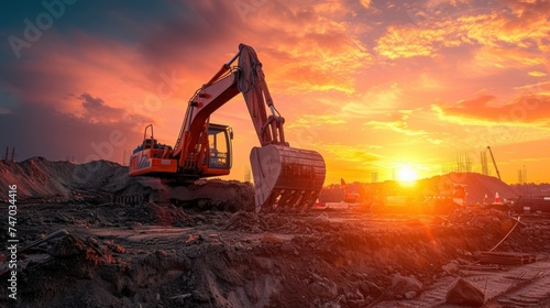 Wallpaper Mural Crawler excavators silhouette are digging the soil in the construction site at sunset background Torontodigital.ca