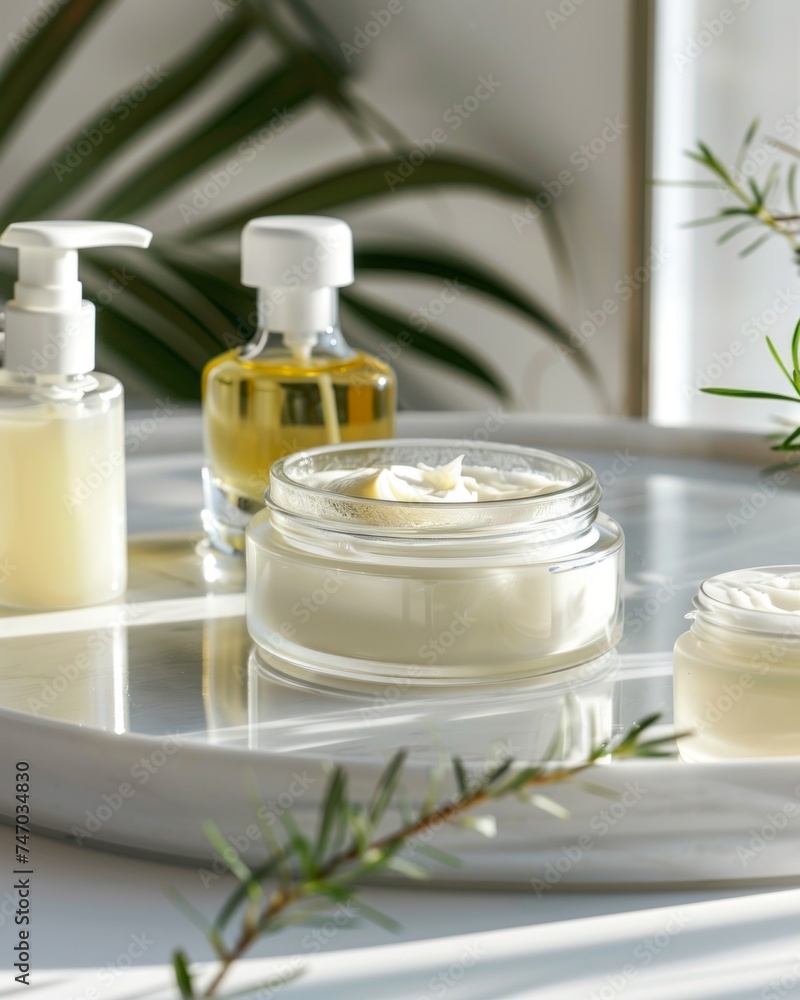 A tranquil image featuring organic skincare products, including creams and oils arranged on a white tray amidst green foliage