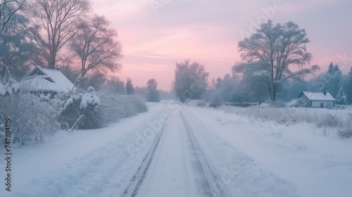 Snow-covered country road through the fields after a blizzard at sunset. Old rustic house in the background. Winter rural scene. Dramatic sky, colorful cloudscape