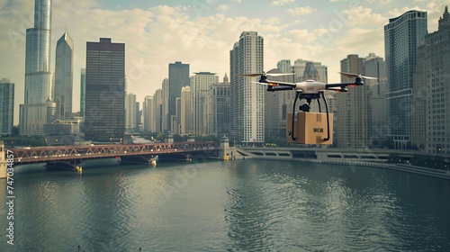 cityscape with a transport drone delivering package