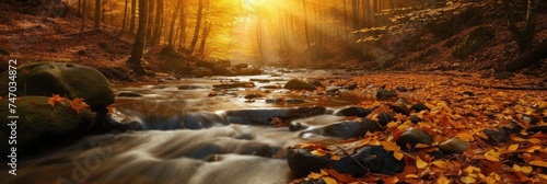 Scenic landscape, river in gold sunlight autumn forest, amazing colorful scenery, fallen leaves on big stones near fast stream. Mountain stream in autumn, stream in the forest