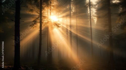 Mystical Sunbeams Piercing Through Misty Forest Trees