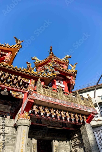 Riufang, Taiwan, 13 february 2024. View of the outside of the city temple, richly decorated. Religion symbol.