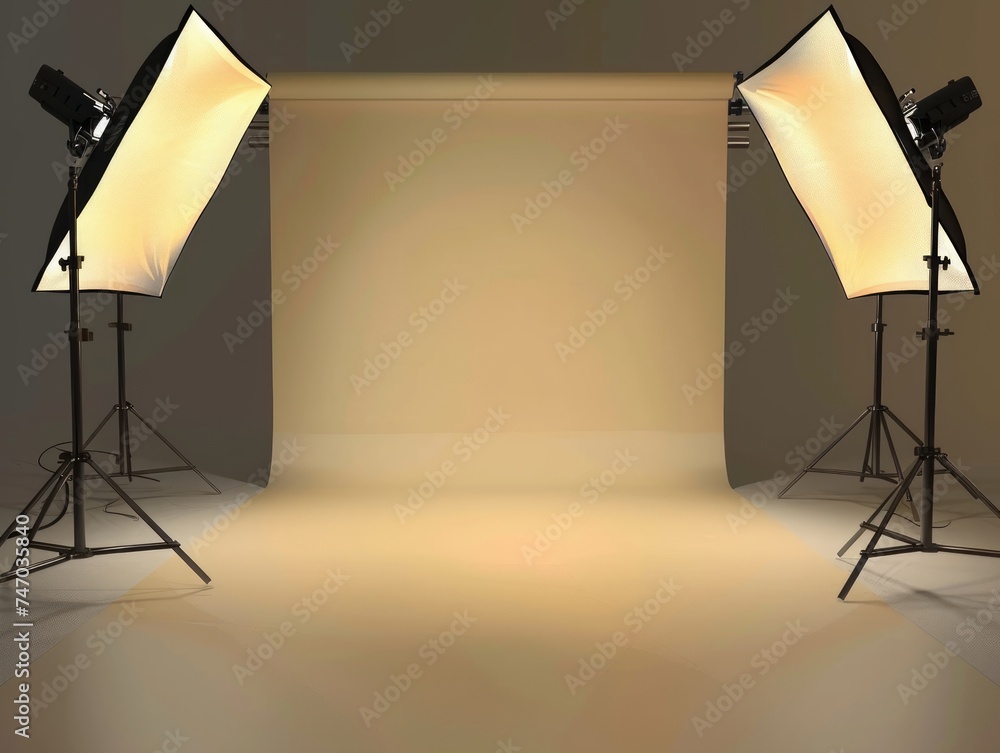 An empty studio setup with high-end lighting equipment, ready for a professional photo shoot