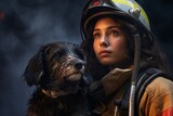 Rescued little dog, held securely by a female firefighter against a backdrop of billowing smoke, the close-up photo showcasing the firefighter's strength and the dog's trust in their rescuer