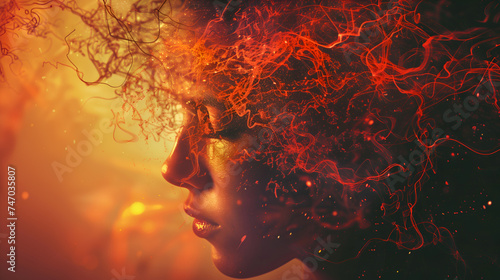 Cortisol Influence on mood and mental health. Fiery neural silhouette representing the intense effects of cortisol on human psyche. Banner with human contour, illustrating cortisol's energetic impact