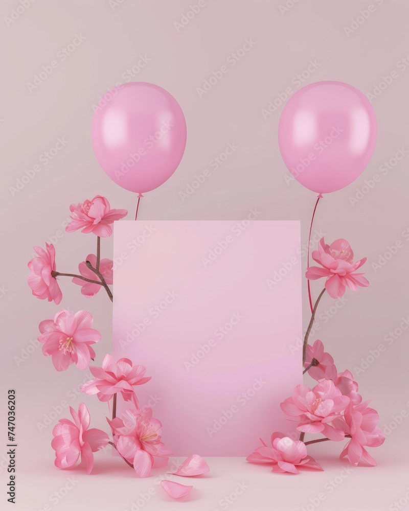 A delightful pastel pink scene with balloons and flowers framing a blank pink card for a tender and inviting message