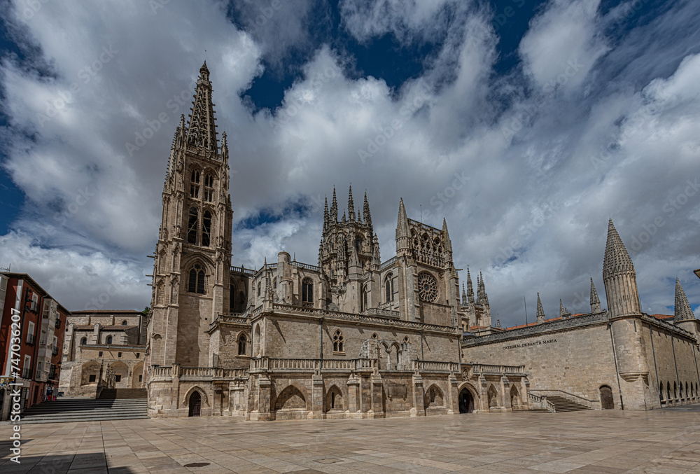 Place of Rey San Fernando with Cathedral of Saint Mary in Burgos. Burgos is a city in northern Spain and the historic capital of Castile