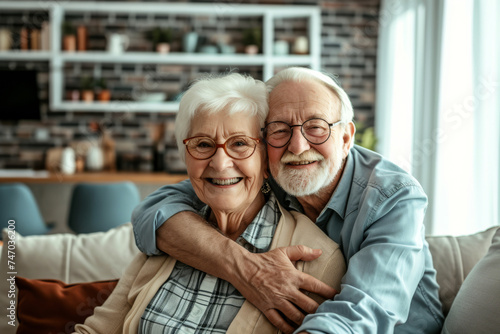 Happy loving elderly couple sitting on the sofa at home. The husband hugs his beloved wife.