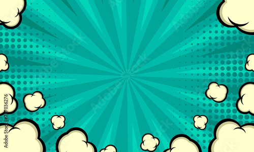 green retro comic background with clouds