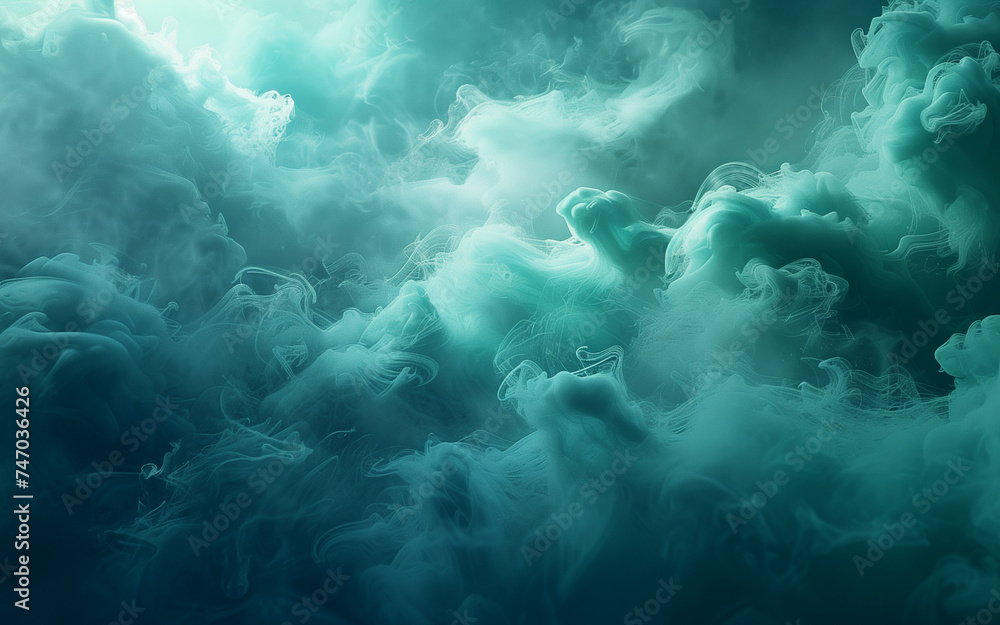 Abstract wallpaper,good composition,thin green smoke flowing against blue sky,blurry background