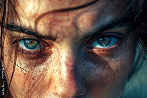 Close Up of Womans Face With Blue Eyes. Generative AI © Lukasz Czajkowski