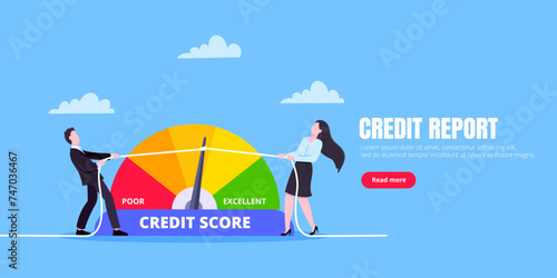 Man and woman push credit score arrow gauge speedometer indicator with color levels. Measurement from poor to excellent rating for credit or mortgage loans concept flat style vector illustration.