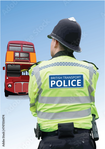 United Kingdom police man in a uniform with inscription "POLICE" written on his back. 3d vector hand drawn illustration